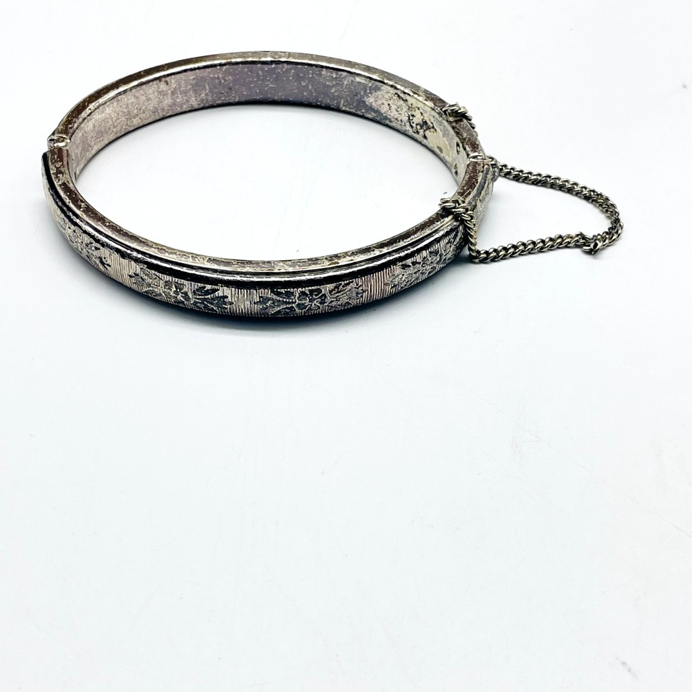 Vintage Hinged Clamper Bracelet Silver Tone Etched Floral Scroll Cuff Jewelry - Picture 2 of 6
